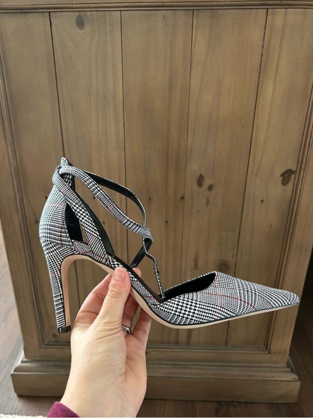 Jessica Simpson Plaid Pointed Lace-Up Pumps in Black, White & Red
